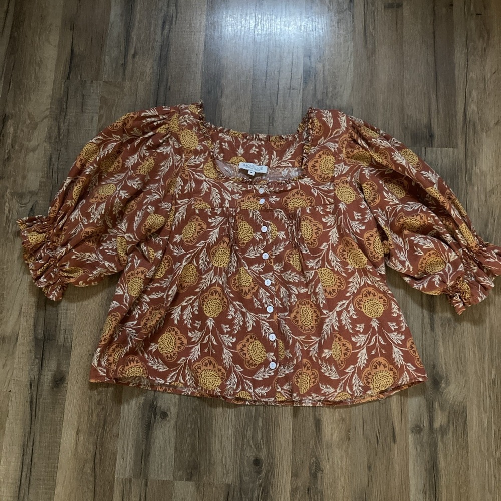 Rachel Zoe Linen Blend Floral Pullover Slightly Cropped‎ Womens Blouse M Boho